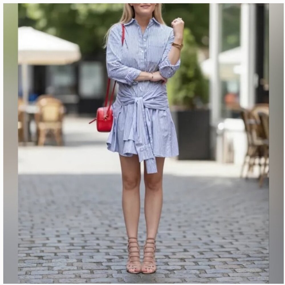 EUC Derek Lam 10 Crosby Striped Tie Shirtdress Blue White Women's 6 Cotton
